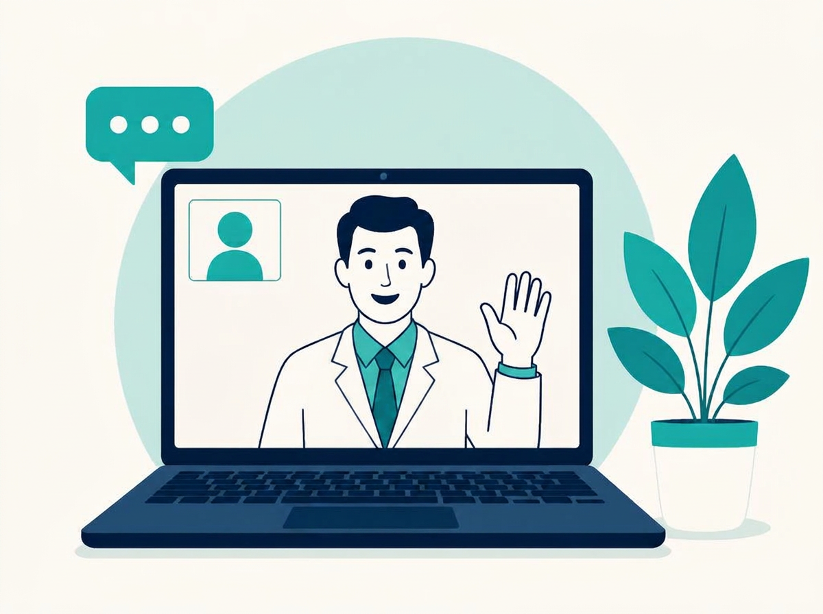 Laptop showing a video consultation with a clinician