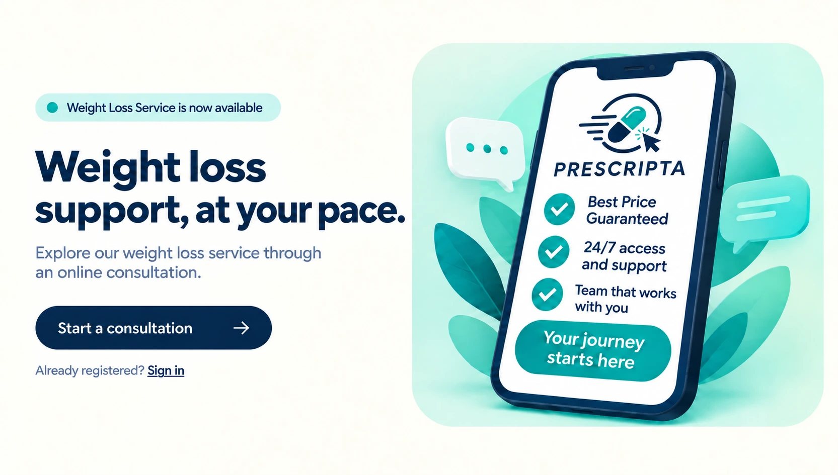 Prescripta phone illustration: Best Price Guaranteed; 24/7 access and support; Team that works with you. Your journey starts here.